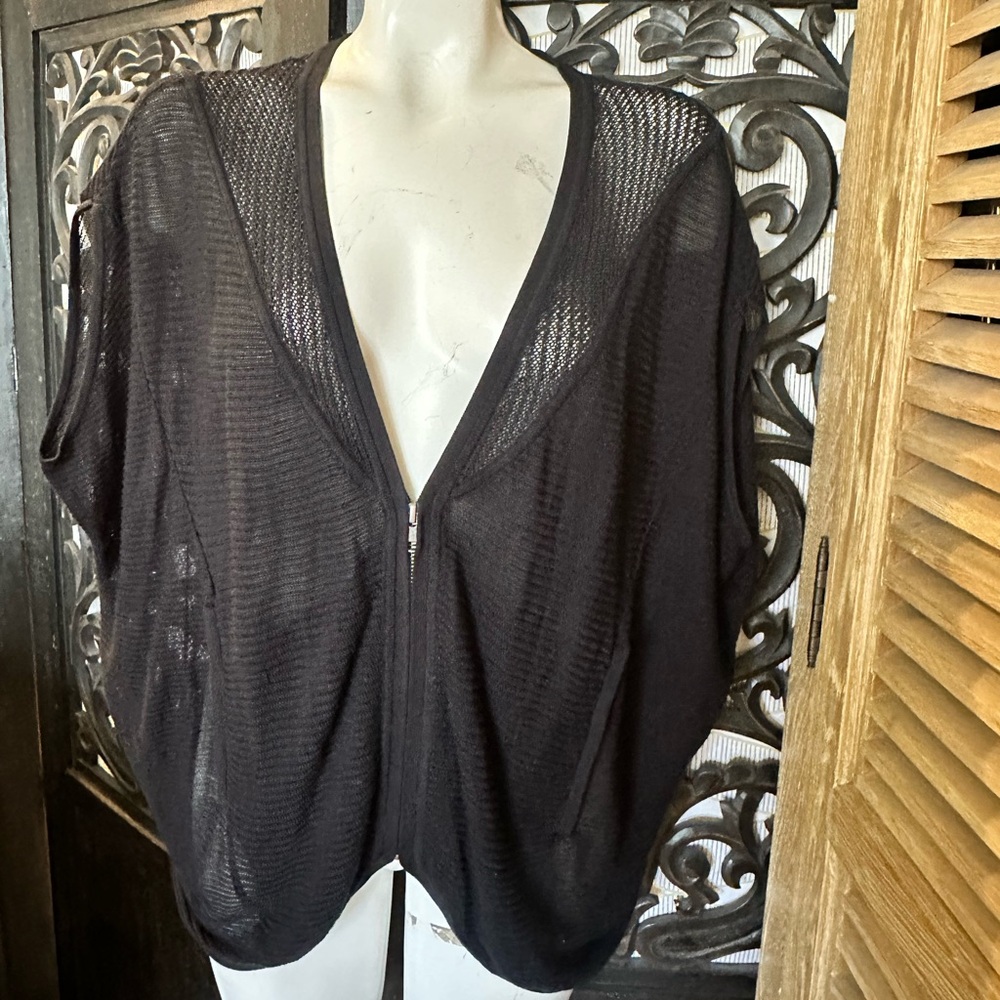 Helmut Lang Black Semi Sheer Knit Zip Up Short Batwing / Dolman Sleeved Sweater.
